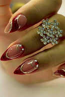 Almond False Nails Press on Red Shiny Powder Sequin French Fake Nails Rhinestone Wearable Full Cover Nails Tips