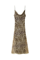 Women Leopard Spaghetti Strap Mesh Midi Dress Female Chic Summer Casual Sling