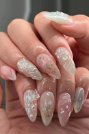 24Pcs Light Blue Smudge Fake Nails Press on Almond Gold Leaf Removable Long Full Cover Nail Tips Wearable Finished Nail Art