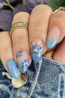 Blue Flowers White French Nail Art Almond False Nails Detachable Finished Fake Nails Press on Nails