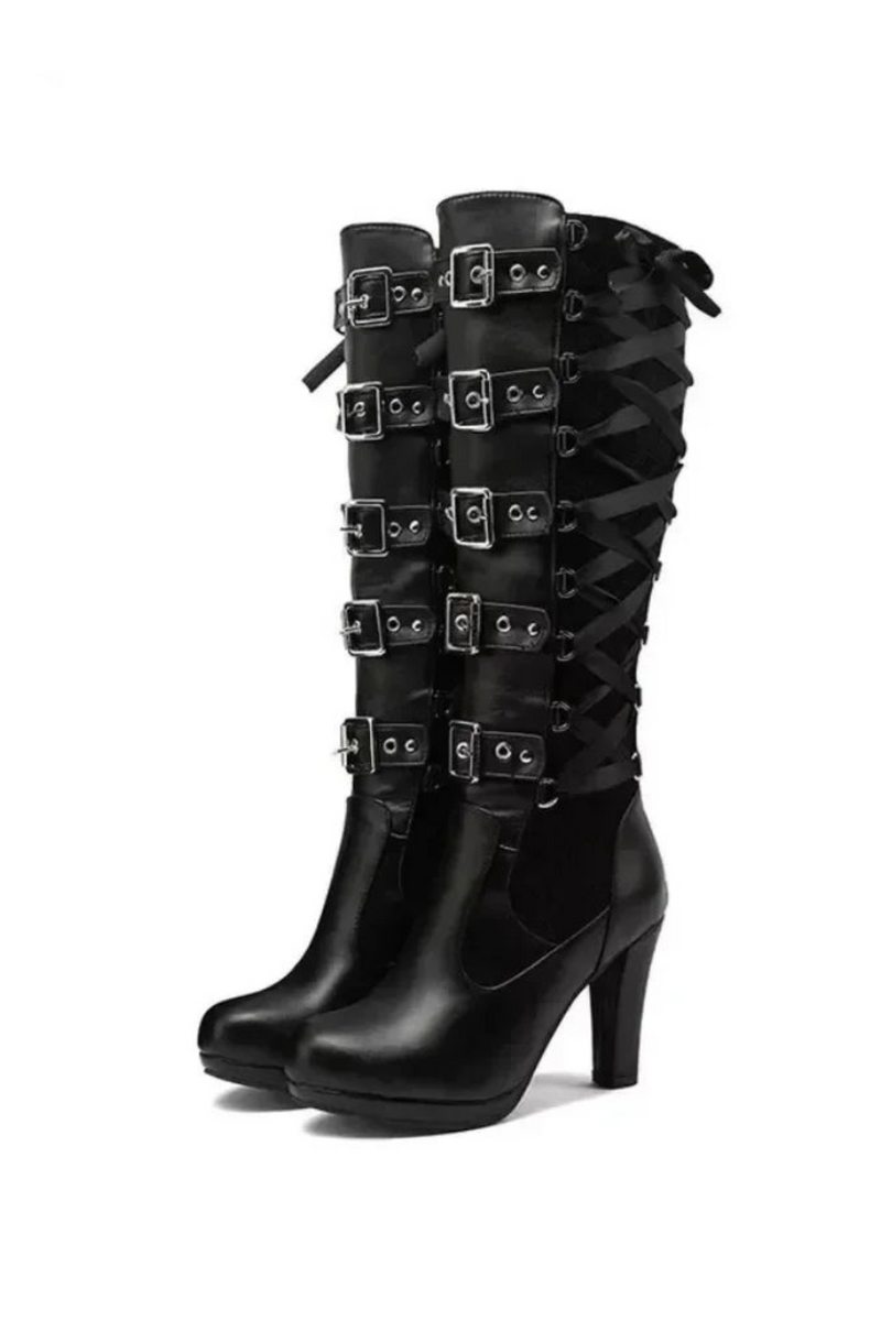 Women Platform Boots Heel Mid Calf Boots  Knot Goth Gothic Shoes Botas
