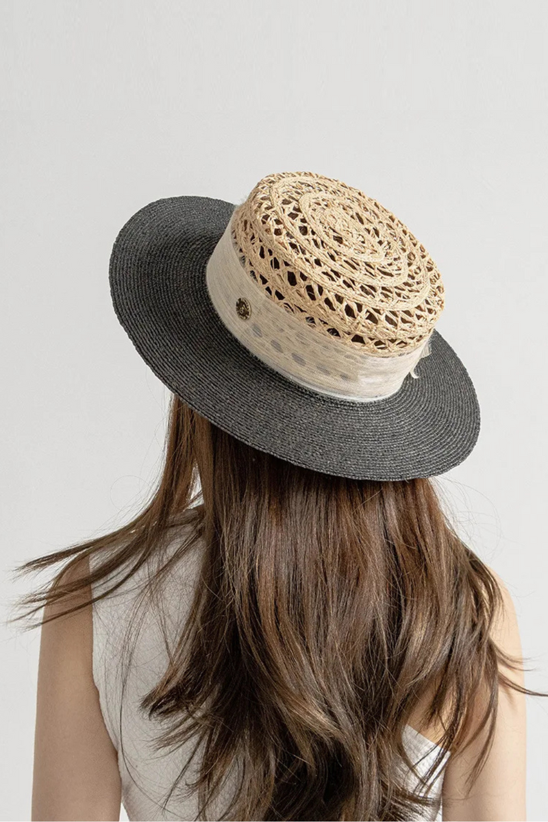 Summer Casual Hand-woven Hollow Sun Hat Ribbon Flat Top Straw Hat Sunshade
