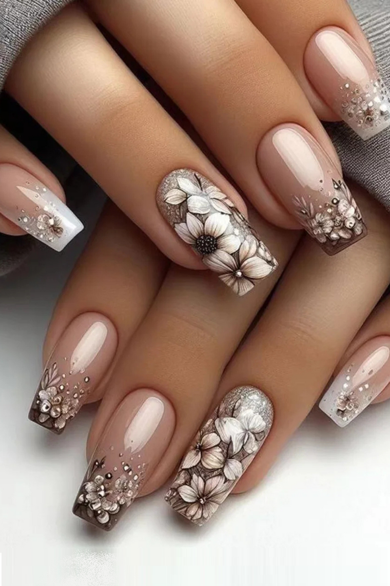 24pcs Medium Square False Nails with Flower Pattern Glitter Gradient White Retro French Press on Nails Full Cover Wearable Nail