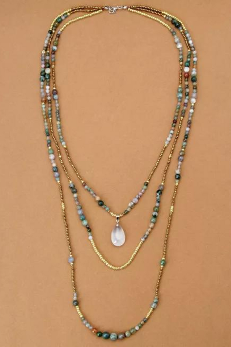 Natural India Onyx with Seed Beads Pendant Layered Necklace Bohemia Beaded Statement Necklaces