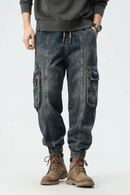 Men Drawstring Casual Washed Denim Cargo Jeans Pants Harem Trousers