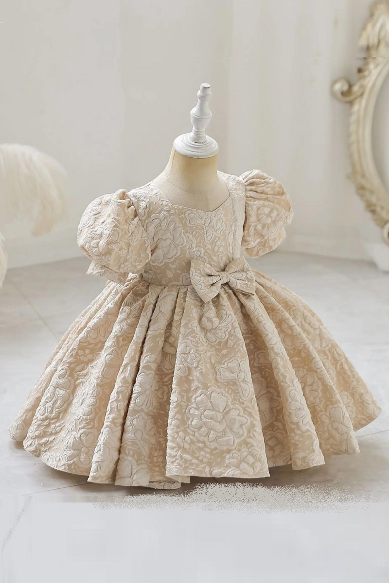 Embossing Flower Girl Birthday Dress Cute Bow Gown Lantern Sleeves Princess Dress For Girls