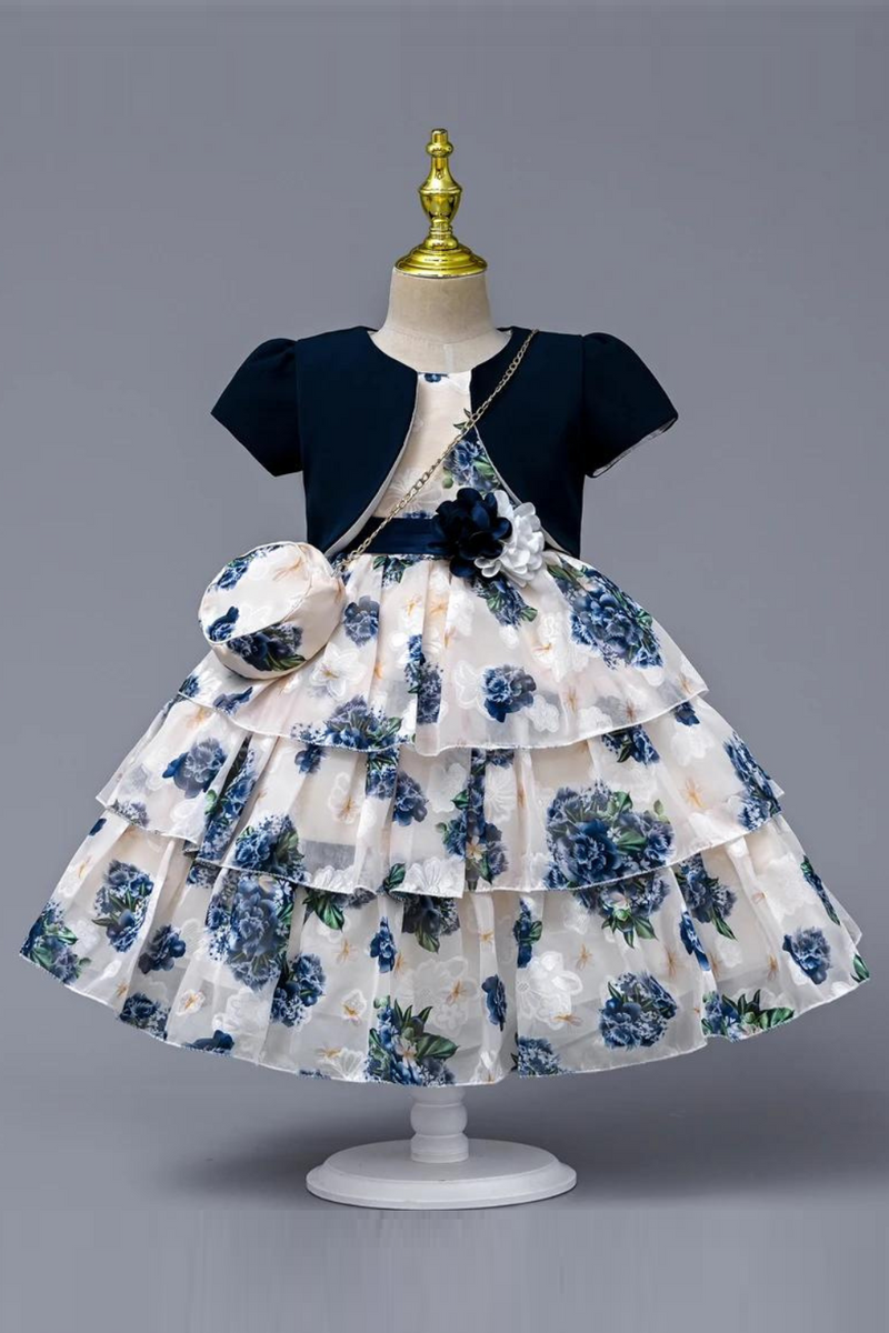 Vintage Floral Girls Two-piece Dress With Bag Chiffon Layers Kids Clothes Elegant Children Summer Birthday Party Prom