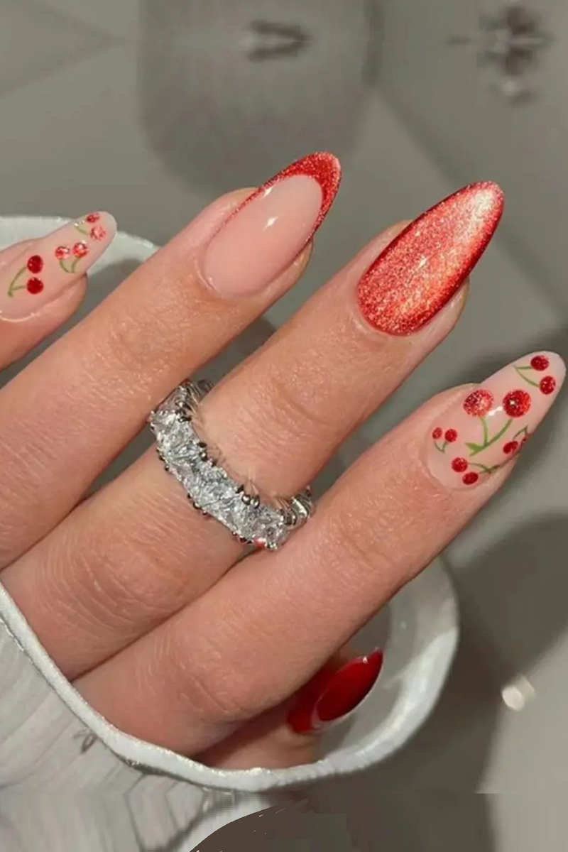 Manicure Long Almond False Nails Purple French Fake Nials Detachable Flower Nail Tips Women