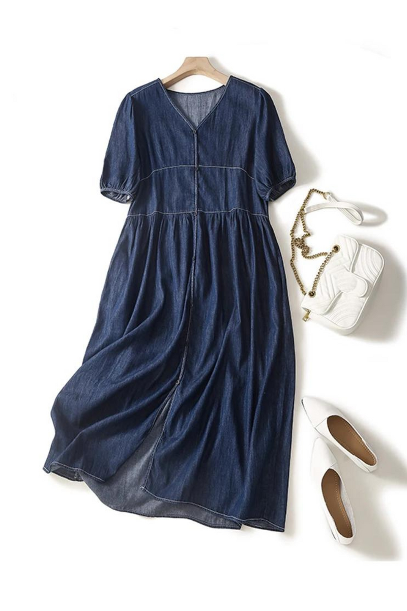 Casual Loose Short Sleeve Denim Shirt Dress Women Autumn Midi Dress Patchwork Streetwear Sundress