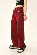 Casual Wide-Leg Long Pants Red Turned-Edge Cargo Pants For Men And Women
