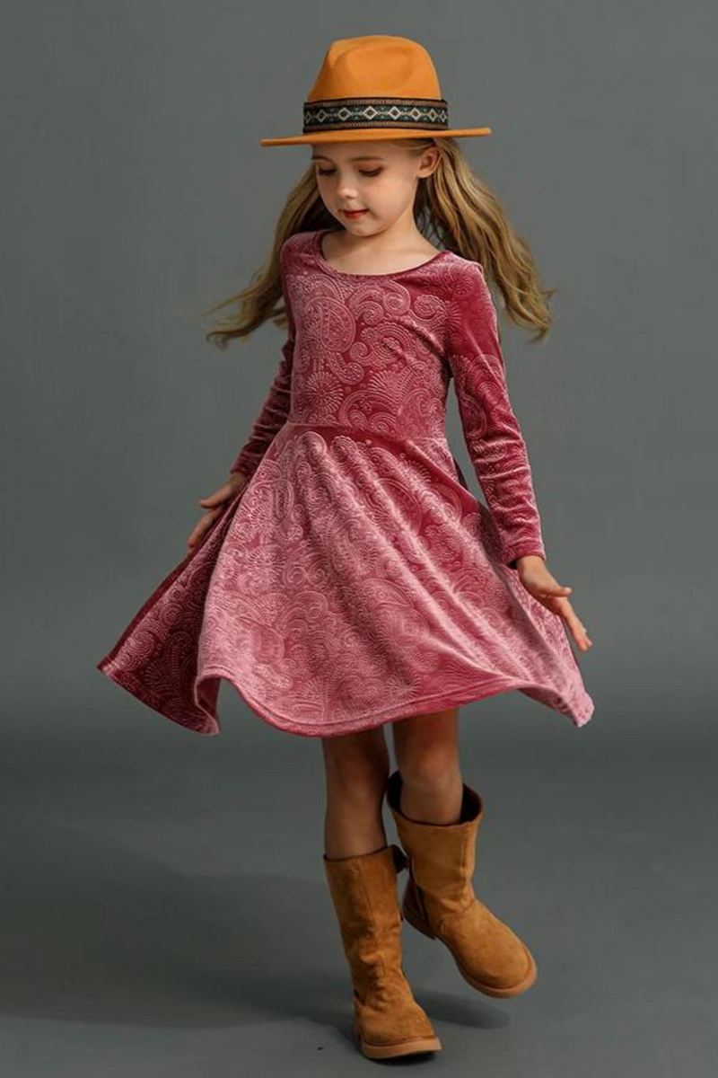 Winter and Autumn Velvet Embossed Dress for Preschool Girls Long Sleeve Swing Twist