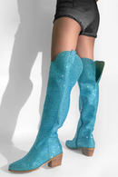 Women Pointed Toe Blue Rhinestone Over The Knee Boots Heel Handmade Female Bling Boots