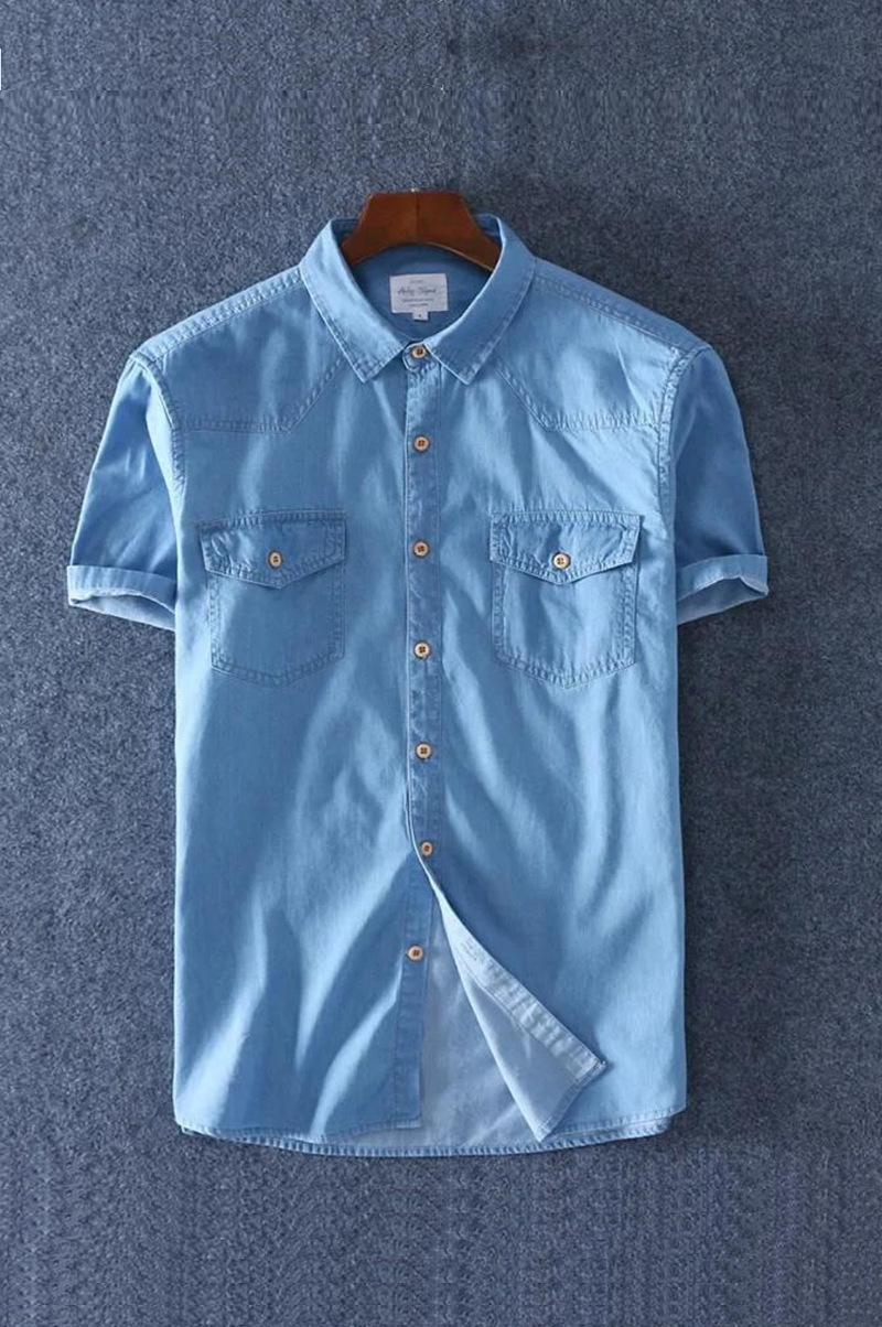 Summer Men Short Sleeved Denim Thin Shirt Soft Slim Jeans