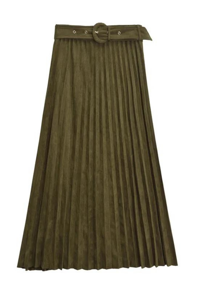 Women's With Belt Long Pleated Skirt Faux Leather Suede Effect Zipper High-waisted MIDI Skirt