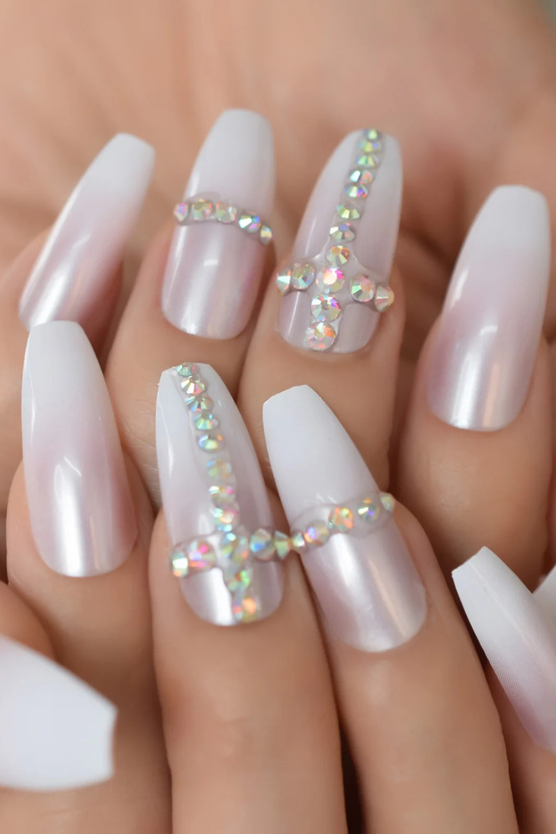 Pearl Pink Press On Nails Super Long Ballerina Thin Gel Nails Fake Artificial Fingernails