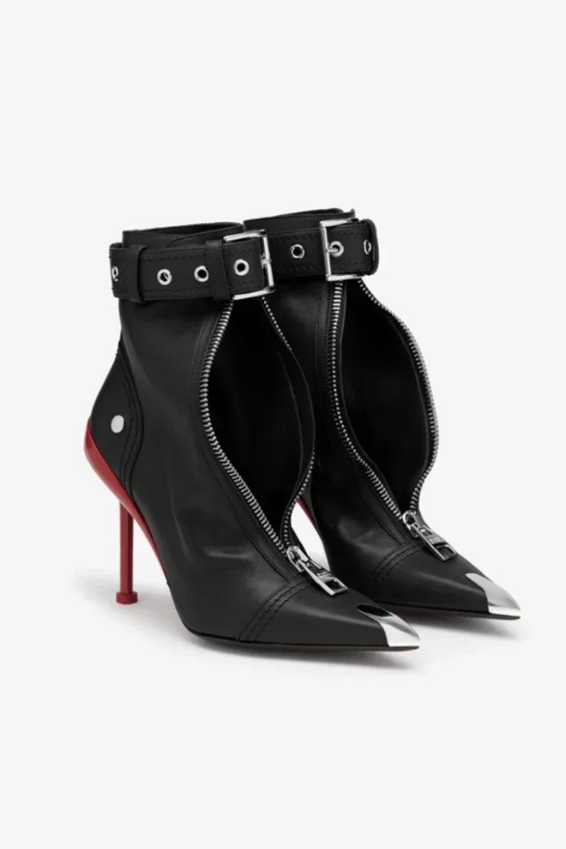 Short Boots Women's Autumn Winter Pointed Metal Decoration Red High Heels Ankle Boots