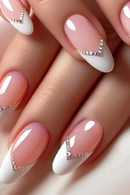 24pcs White French Press on Nails Ins Simple Rhinestone False Nail Tips Full Cover Nude Pink Round Head Fake Nails