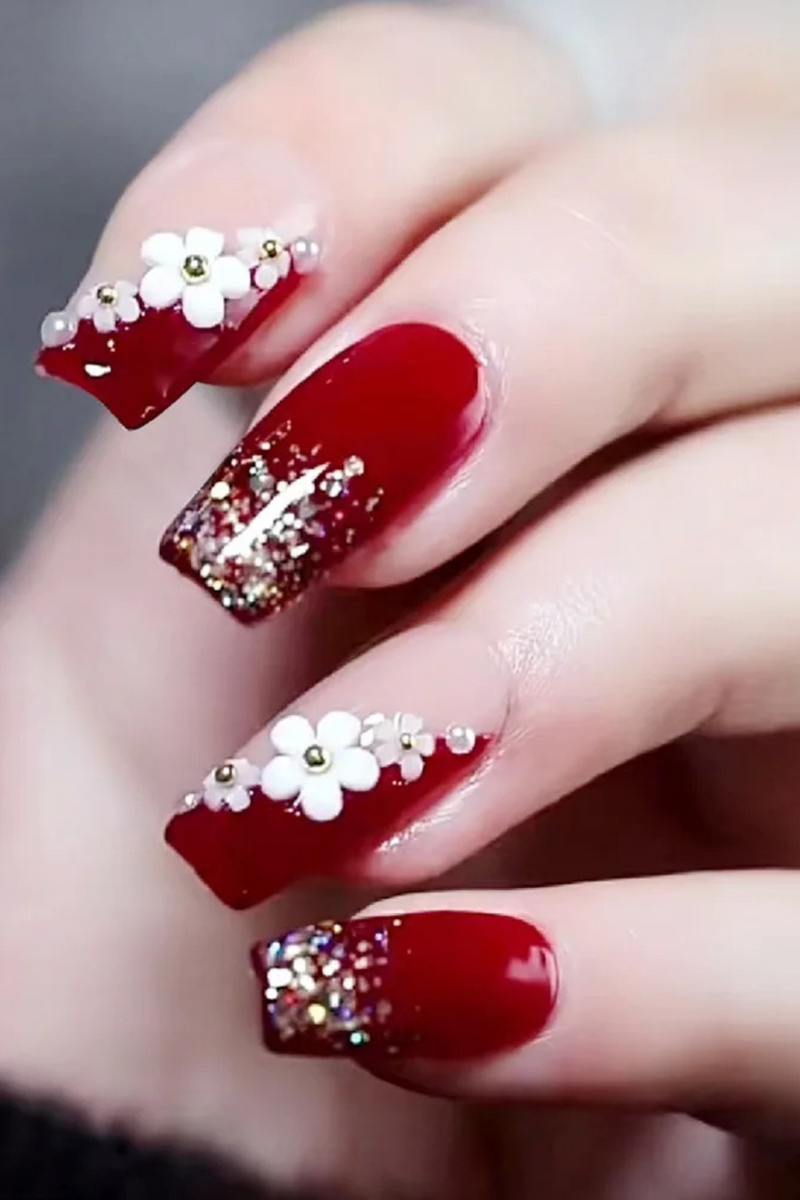 24Pcs Red Nails with White Flower Design Mid Length Coffin Press on Nails