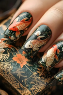 24pcs Retro Dreamy Fake Nails Moon Star Acrylic Press on Nails Vivid Fish Gel on Nail Sweet Cool Flower False Nails Short Square