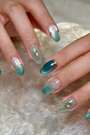 Nails Glossy Finish Elegant Cat-Eye Celadon Almond Shape Press-On Nail Tips Perfect Gift