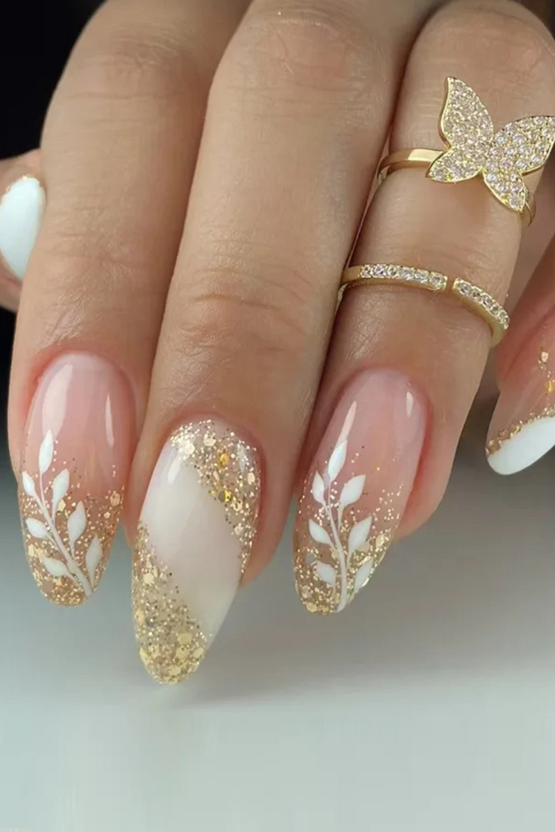 24pcs Glitter Leaves Full Cover Nail Sets Round Almond Fake Nail Tips Reusable Simple Long Oval Press on Nails