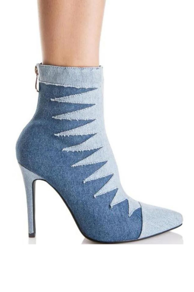 Denim Ankle Boots Pointed Toe High Heel Cowboy Ankle Boots Ladies Zip Gladiator