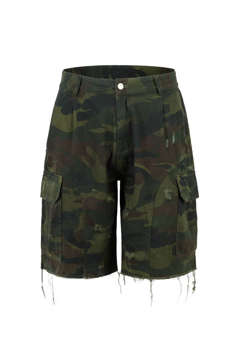 Camouflage Cargo Shorts Men Safari Style Summer Leg Raw Edge Knee-length Shorts Men