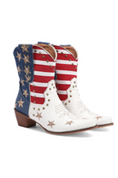 Women Western Boots Ankle Booties Denim Studded Rivets Embroidery Stars Stripes Heeled Shoes