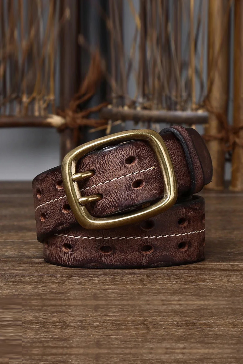 Men 3.8cm Wide Double Breasted Belt Double Prong Buckle Handmade Heavy Duty Belt Jeans Belt
