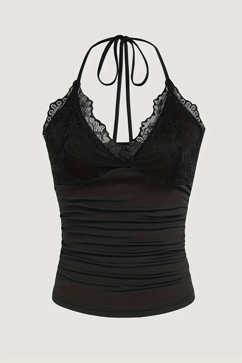 Women's Tank Top With Ruffled Halter Neckline Dull Black Knitted Fabric From For Spring