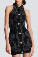 Jacquard Knit Mini Dress Women Gold Button Sleeveless Package Hip Dress