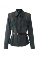 Retro Polo Collar Denim Jacket Women Autumn Shoulder Pad Top Aesthetic