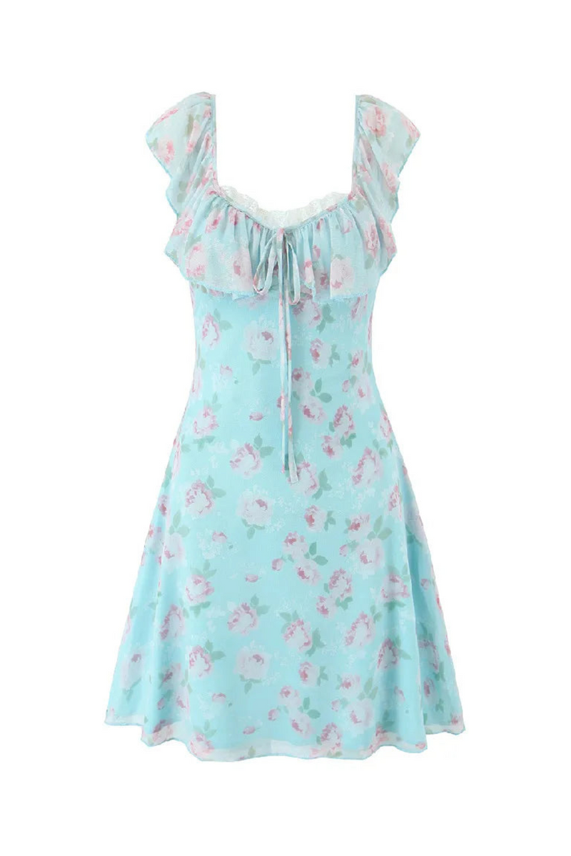 Floral Bow Ruffles Strap Sling Dress Women Backless Slim Waist Mini Sleeveless Tank Dresses Robe
