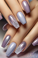 24Pcs Sweet Spice Girl Press on Nails Purple Flower Nails Gradient Glitter Coffin Nail Floral Ballet Nails