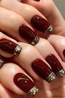 24Pcs Glitter French False Nails Wearable Red Ballet Fake Nails Retro Simple Full Over Press on Nails with Jelly Glue Detachable