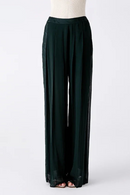 Silk Georgette Dark Green Natural Waist Stitching Jacquard Asymmetric Design Double-layer Silk Straight Pants