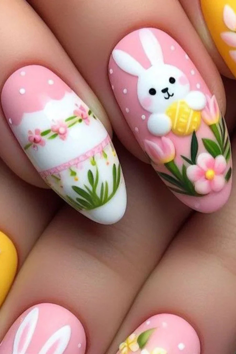 24pcs Press on Nails Sweet Pink Flowers Rabbit Print Fake Nails Full Cover Wearable Fresh Spring