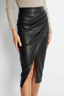 Women Midi Leather Skirt Front Slit Skirts Ladies Black Faux Leather Folded Skirt For Women