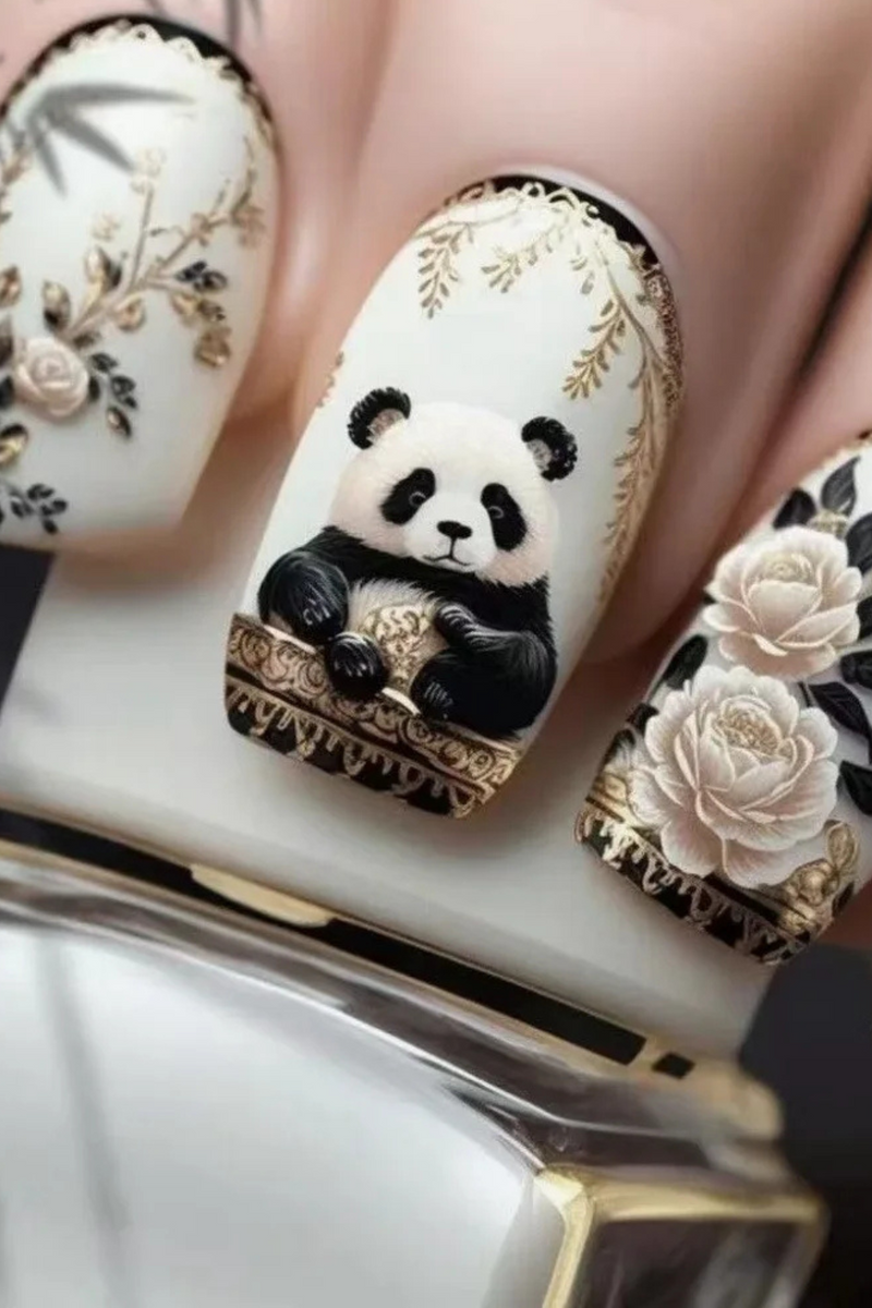 Cute Panda Nails with Glue Spring Flower Design Acrylic Nail Set Fake Nails Artificial Nails Set Press On
