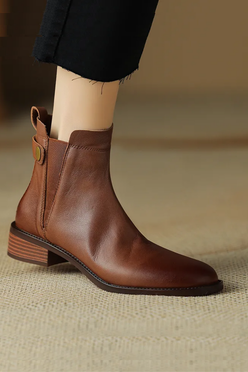 Winter Women Boots Chelsea Boots Round Toe Women Shoes Genuine Leather Ankle Boots Retro Brown Real Leather