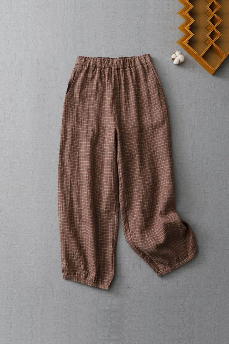 Linen Pants Plaid Loose Casual Trousers Women Clothing Bloomers Lantern Baggy Pants