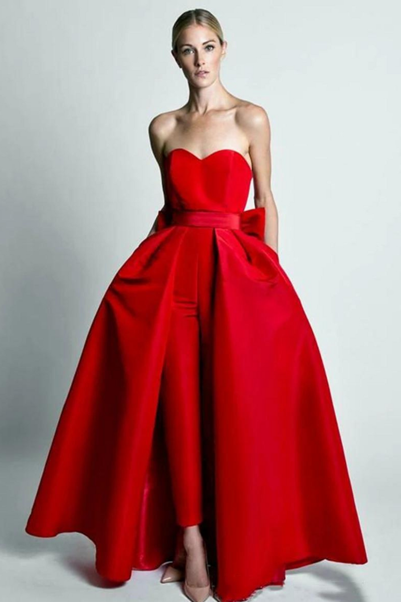 Red Women's Ball Dress Detachable Skirt Sweetheart Jumpsuit Evening Dress With Pants