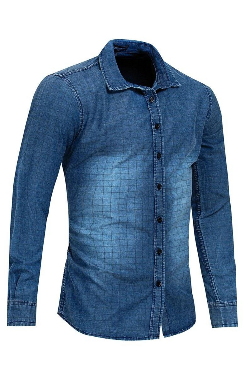Autumn Denim Jean Shirt Cotton Washed Plaid Checked Shirt Long Sleeve Casual Shirts Male