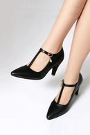 Pumps for Women Pointed Toe Thin Heels 8.5cm Buckle T-Strap Shoes