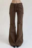 Chic Brown Low Waisted Flared Jeans Stitched Streetwear Denim Trousers