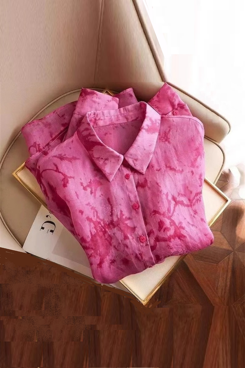 Spring Pink Floral Chiffon Blouse Women Collar Top Single Breasted Elegant Shirts