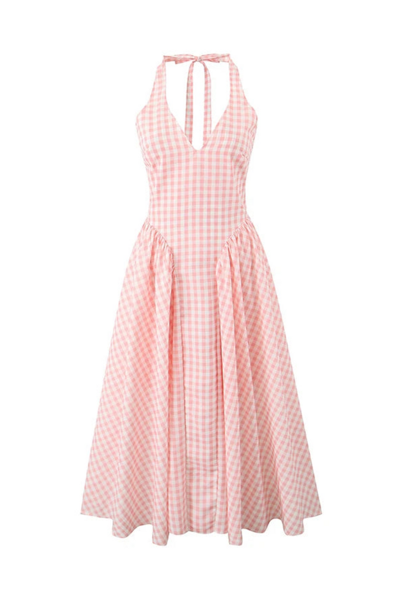 Holiday Plaid Bow Halter Sling Midi Dress Women Pleated Swing Backless Holiday Plaid Bow Halter Sling Midi Dress Women Pleated Swing Backless