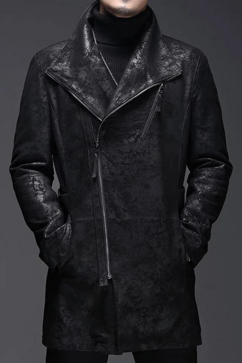 Winter Genuine Leather Jacket For Men Motorcycle Long Windbreaker Coat