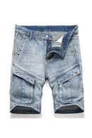 Men Denim Shorts Summer Rivet Blue Jeans Loose Straight Trousers