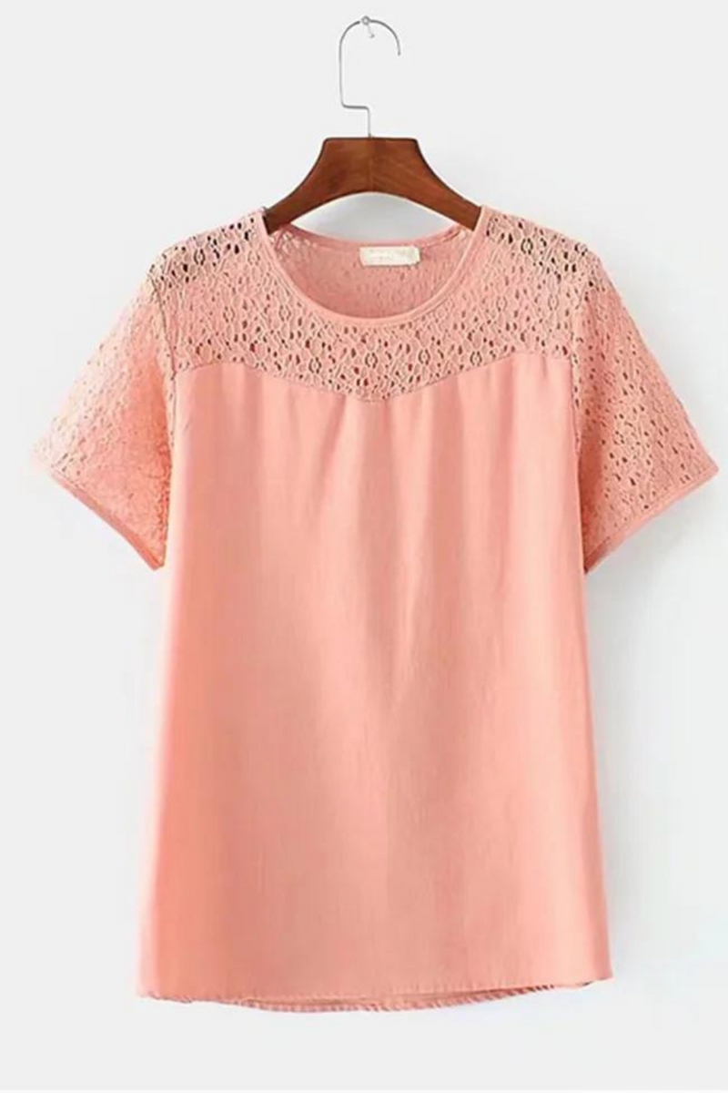 Clothes For Summer T-Shirt Lace Cutout Fabric Stitching With Natural Cotton And Linen Fabric